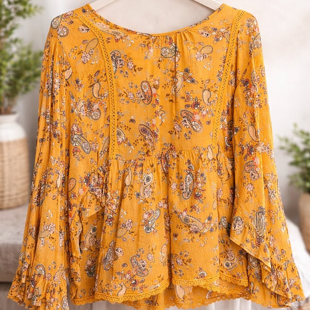 Boho Mustard Floral Peplum Blouse